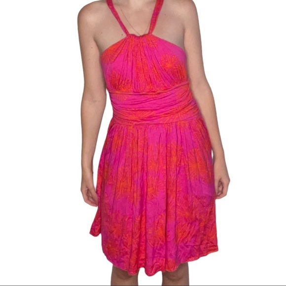 RACHEL Pally Pink And Orange Floral Hawaiian Halter Neck Adjustable Mini Dress - Picture 5 of 6